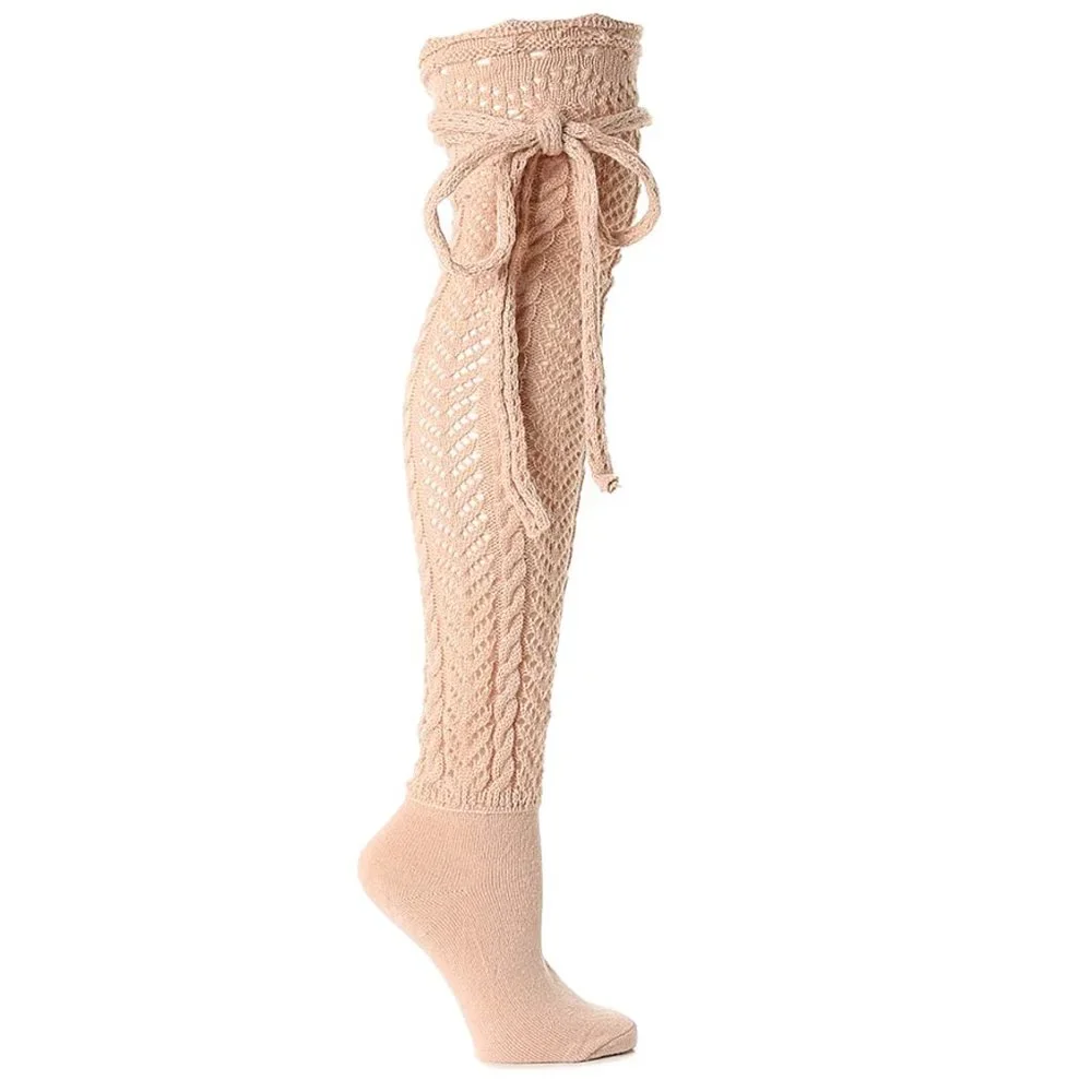 Memoi Knit Pointelle Bow Knee High Socks 1pr - Picture 1 of 6
